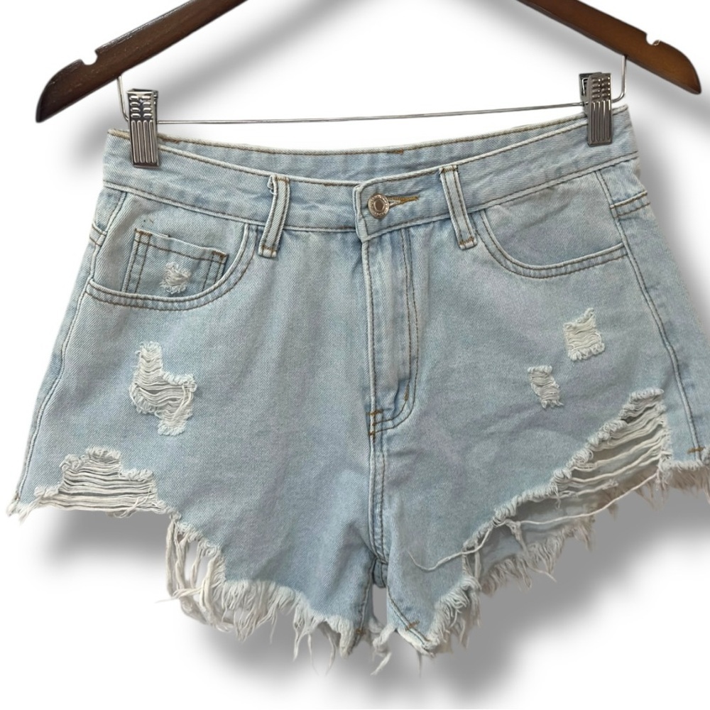 SHEIN | EUC Light Blue High-Waist Distressed Denim Shorts (size S) - Picture 2 of 7